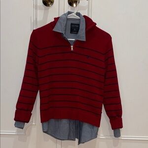 Nautica 2 Piece Set Red and Navy Striped Zip-Up Sweater & Dress Shirt
